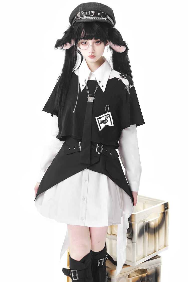 Black/White Cute Rabbit Sheriff Long Sleeves Slim Sweet Military Lolita Dress Set