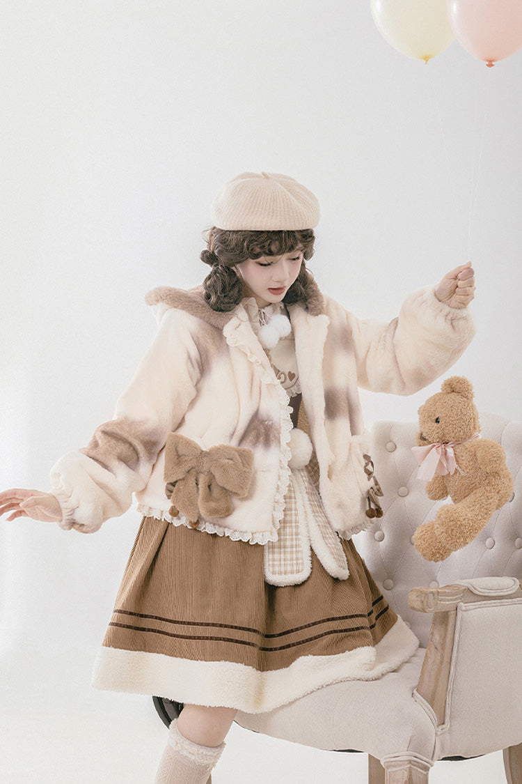 Ivory [Mocha Bear] Print Bowknot Hooded Sweet Lolita Coat