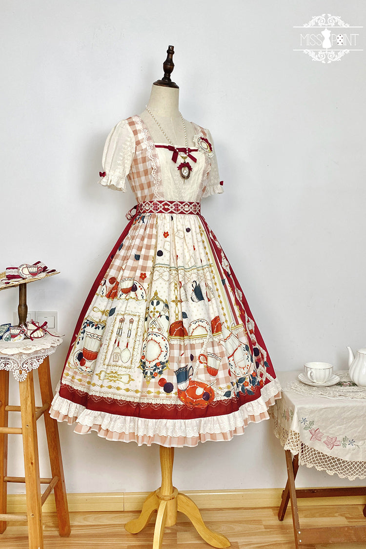 Red [Tea Party] Short Sleeves Print Ruffle Bowknot Lace Sweet Elegant Lolita Dress