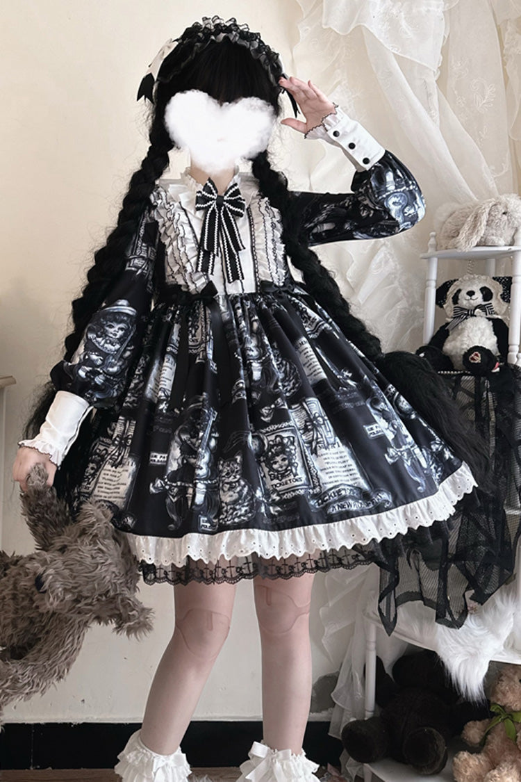 Black [Antique Cat] Print Long Sleeves Ruffle Bowknot Gothic Princess Lolita Dress