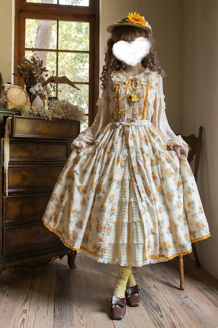 Apricot [Gardening Sunflower] Sleeveless Print Ruffle Bowknot Sweet Elegant Lolita Jsk Dress