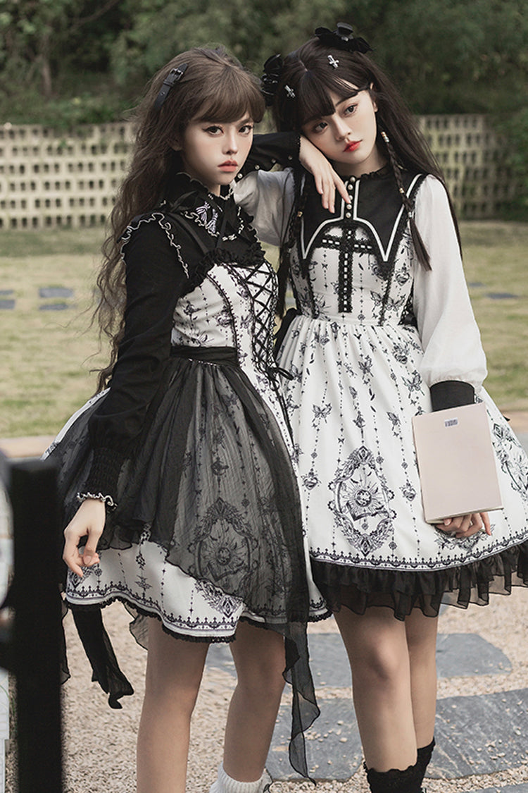 Black/White Long Sleeves Lace Ruffle Butterfly Magic Print Gothic Lolita OP Dress
