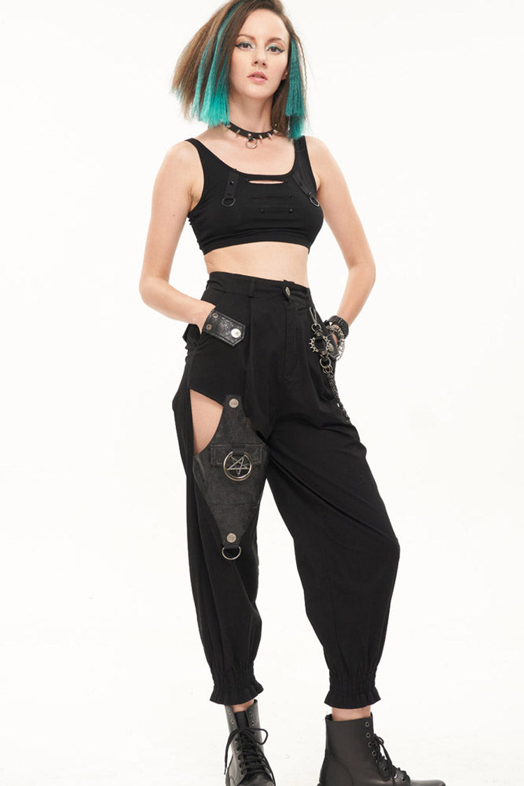 Black Punk Cutout Leather Splicing Detachable Metal Chain Women's Long Pants