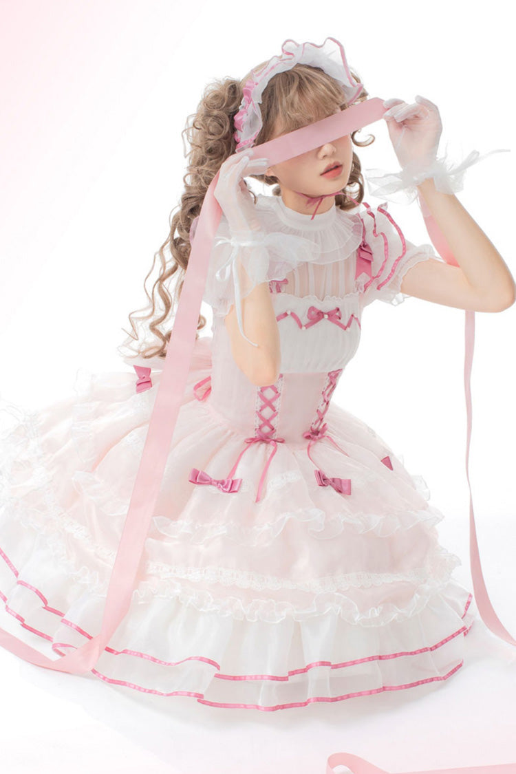 Pink Multi-layer Ruffle Bowknot Lace-Up Ballet Style Sweet Princess Lolita Tiered Dress