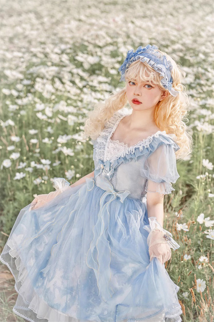 Blaues süßes Lolita-Kleid mit Rüschenspitze und Planeten-Schmetterlings-Print