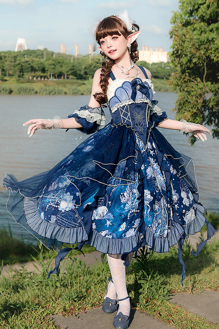 Blue [Deep Sea Jellyfish] Print Ruffle Lace Sweet Elegant Lolita Jsk Dress