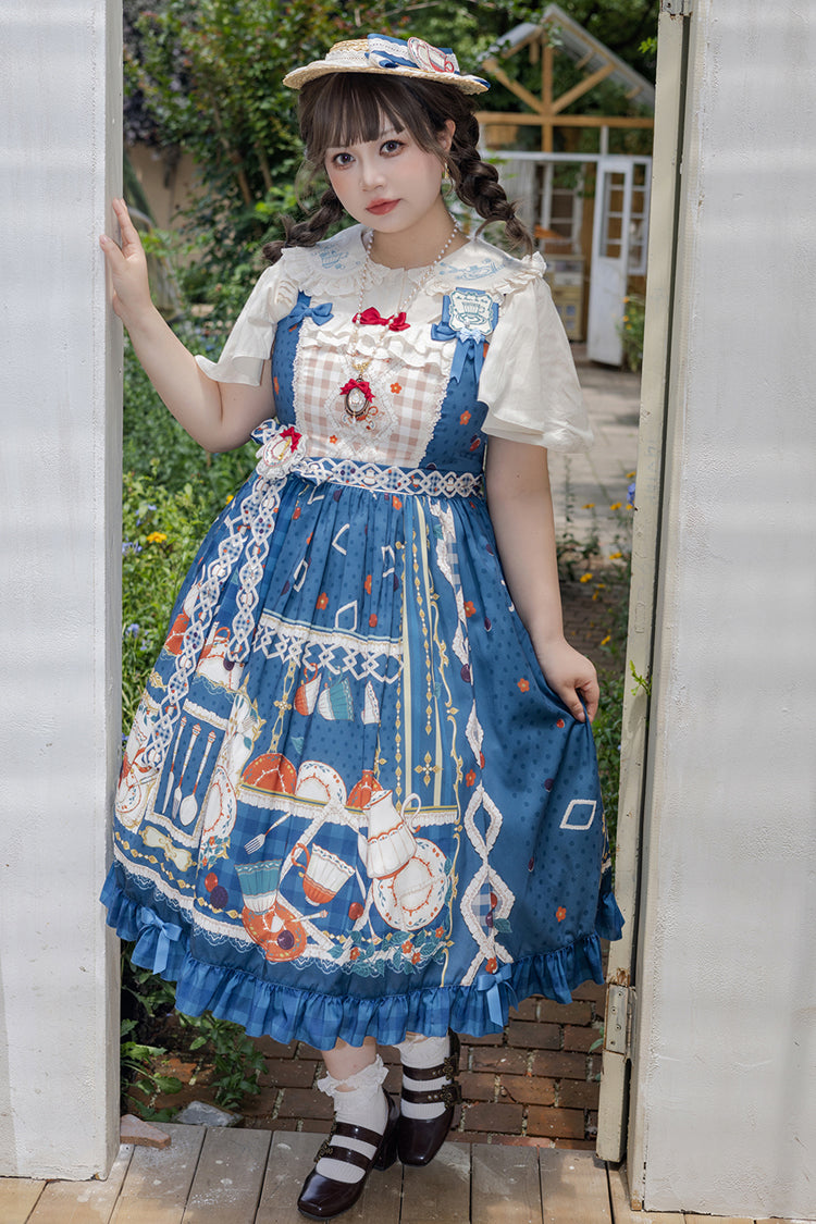 Dark Blue [Tea Party] Print Ruffle Bowknot Lace Sweet Elegant Lolita Jsk Dress