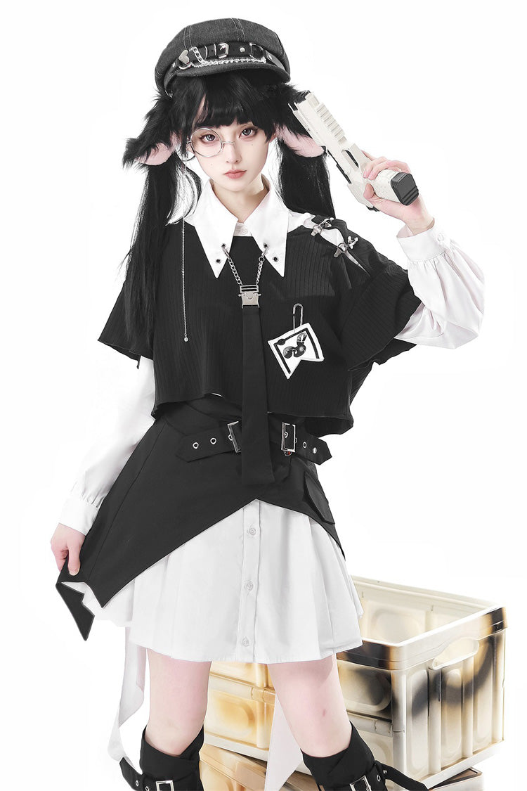 Black/White Cute Rabbit Sheriff Long Sleeves Slim Sweet Military Lolita Dress Set