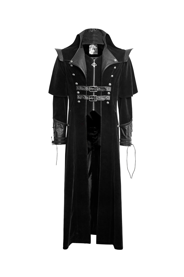 Black Leather Stand-Up Collar Metal Buckle Decoration Mens Steampunk Long Coat