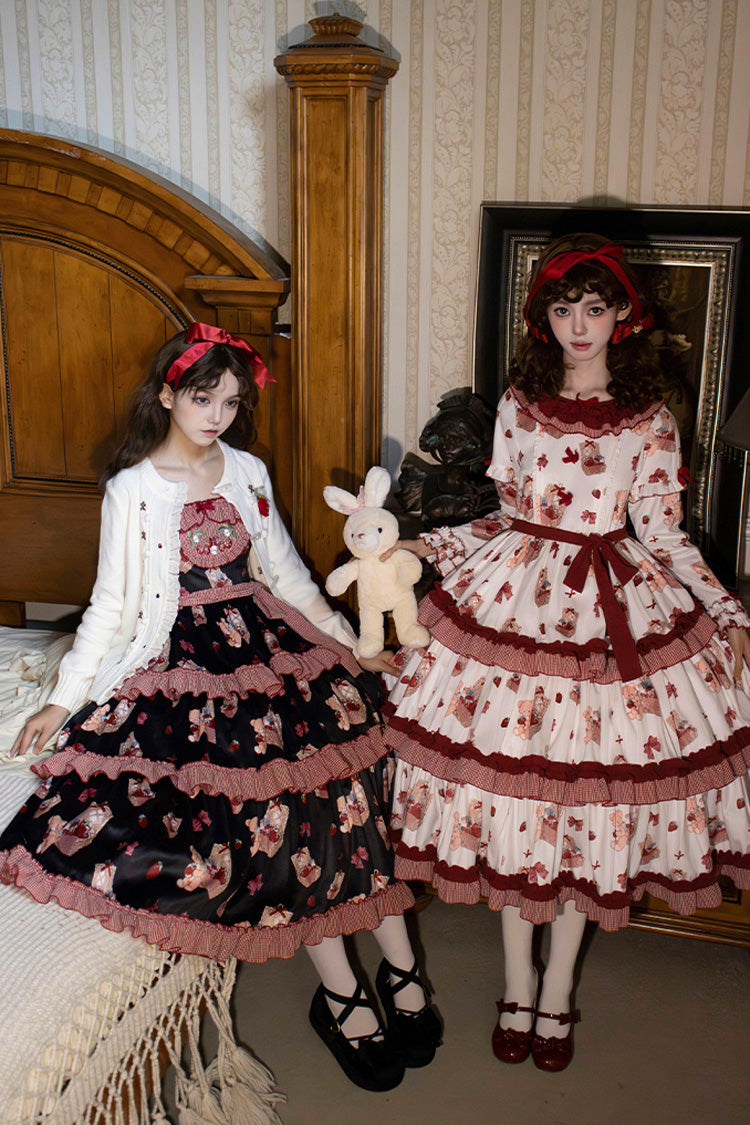 Blue/Pink [Bell Strawberry Farm] Embroidery Print Triple-Layered Ruffle Sweet Lolita JSK Dress