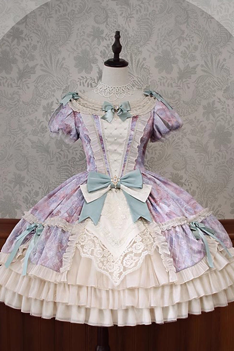 [Angel Heart Sky Oil Painting] Print Ruffle Cardigan Bowknot Sweet Princess Lolita Dress 3 Colors