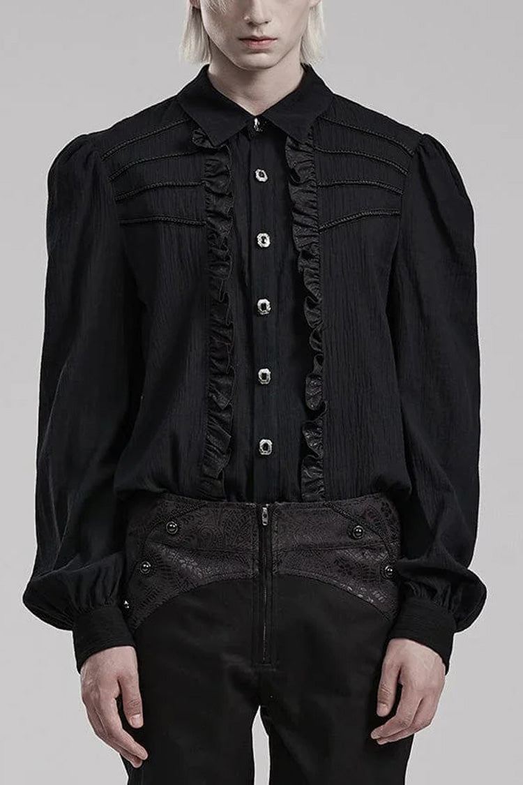 Black Hand-Stitched Button Pleated Long Puff Sleeves Ruffle Mens Gothic Blouse