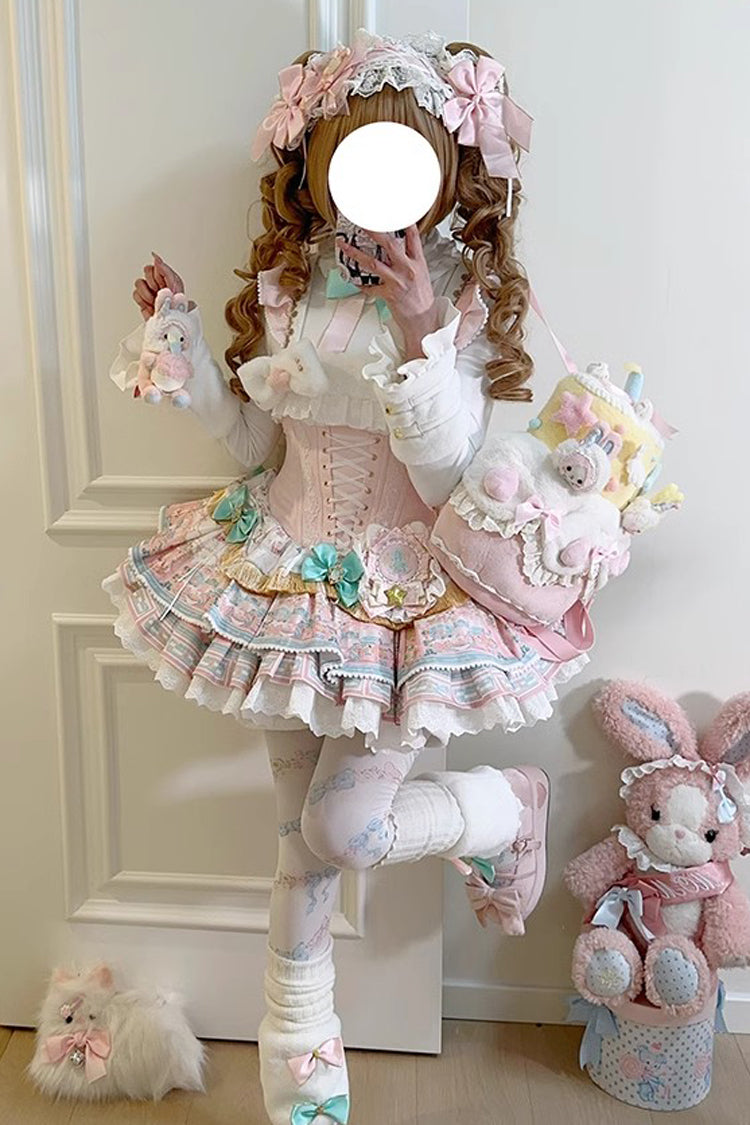 Pink [Candy House] Multi-Layered Print Ruffle Bowknot Lace-Up Sweet Ballet Lolita Jsk Dress