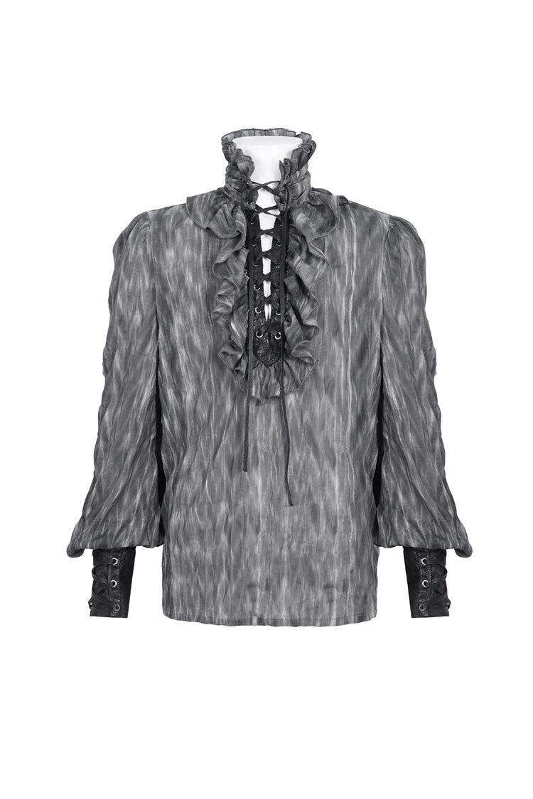 Black/Grey Ruffle Stand Collar Print Lace-Up Men's Gothic Blouse