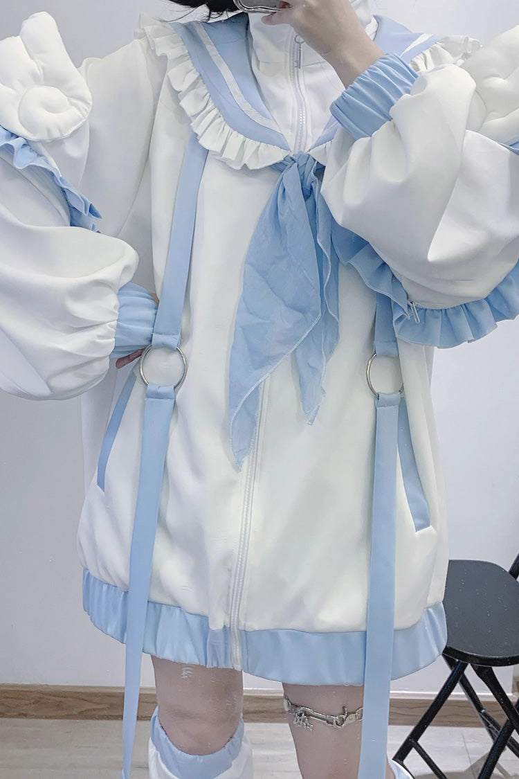 White/Blue Letter from an Angel Long Sleeves Print Jirai Kei Handsome Coat