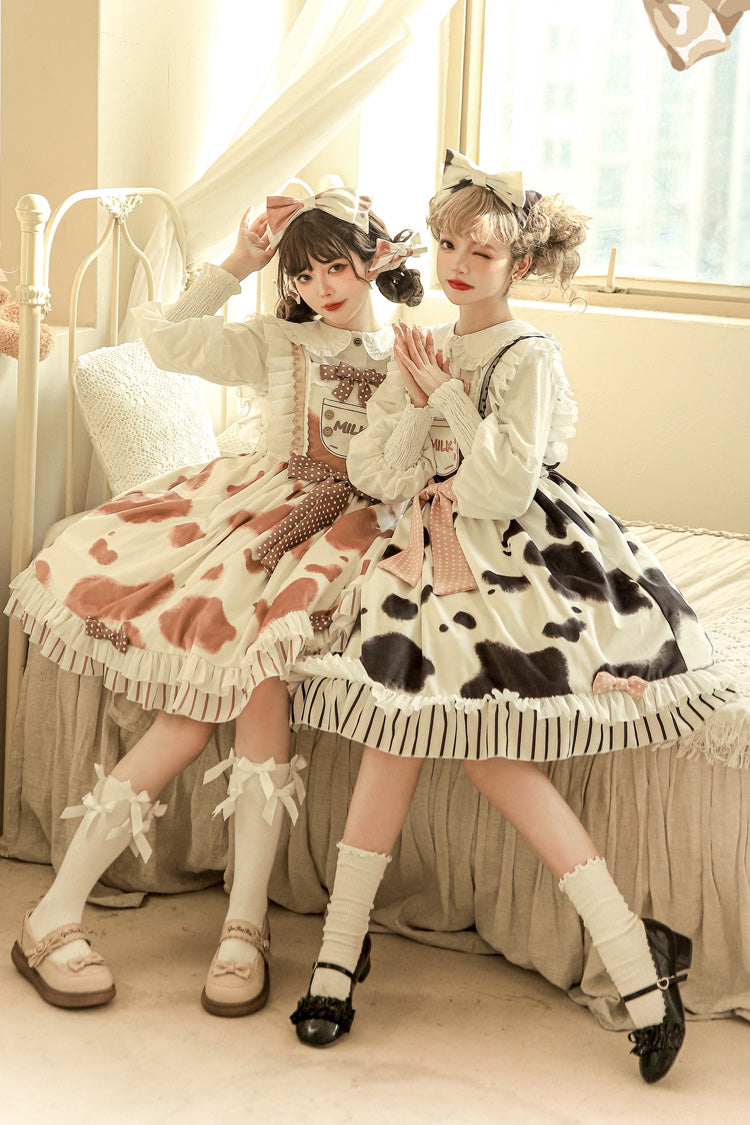 Milk Cow Print Ruffle Bowknot Sweet Lolita Jsk Dress 5 Colors