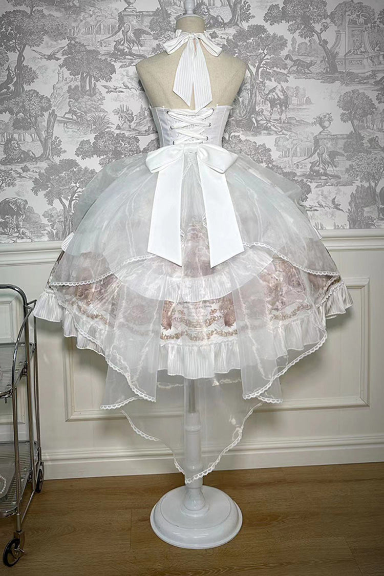 White [The Mystery of The Doll] Halterneck Print Ruffle Bowknot Drawstring Gothic Lolita Dress