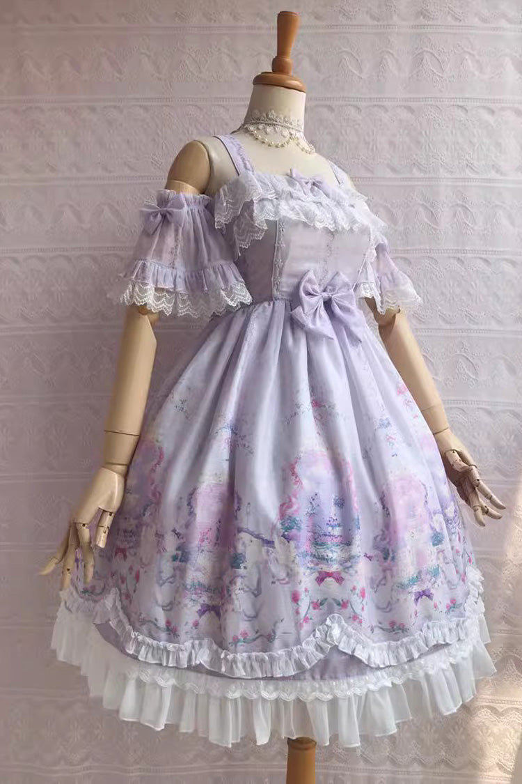 Süßes Lolita-JSK-Kleid mit Rüschen und Schleife im Unicorn's Secret Garden-Print, 7 Farben