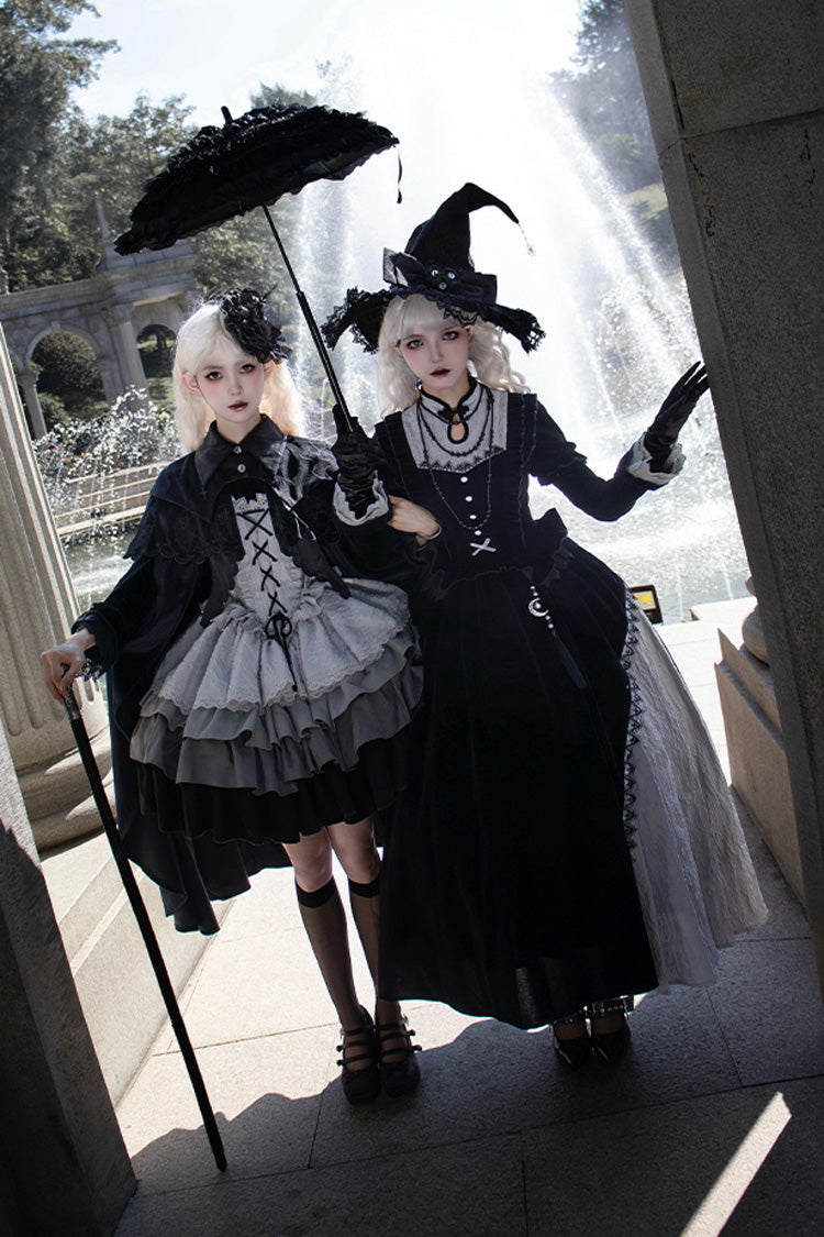 Black Witch Long Sleeves Ruffle Bowknot Stitching Lace Gothic Lolita Long Dress