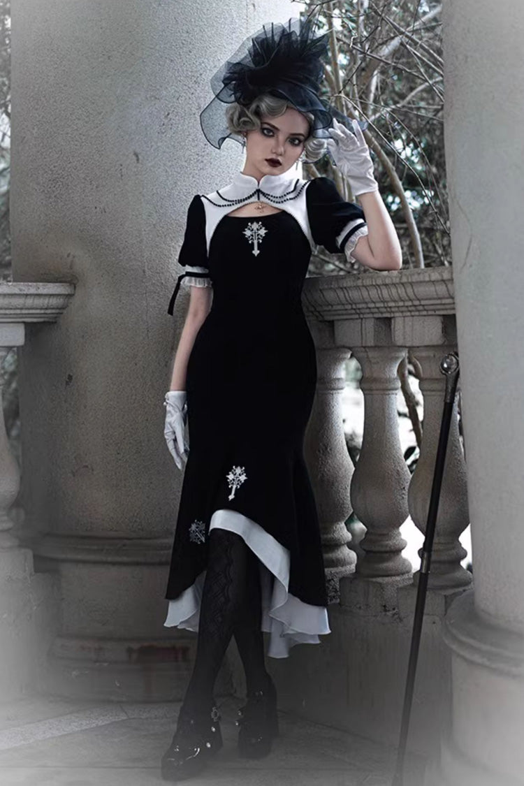 Schwarzes, zweiteiliges Lolita-Kleid im Nonnenstil „Prayer for the Dead“ mit Spitzennähten und durchsichtigem Gothic-Stil