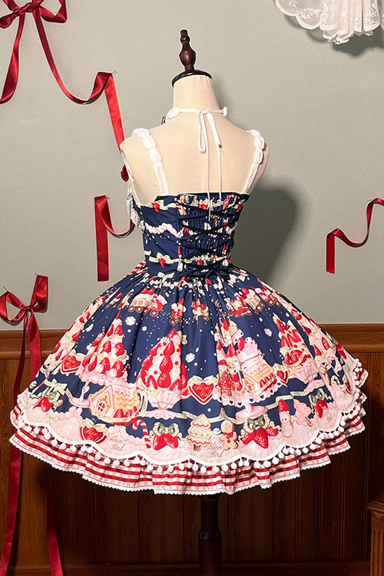 Mint Erdbeer Dessert Print Natürlich taillierte Rüschen Schleife Süßes Lolita JSK Kleid 4 Farben