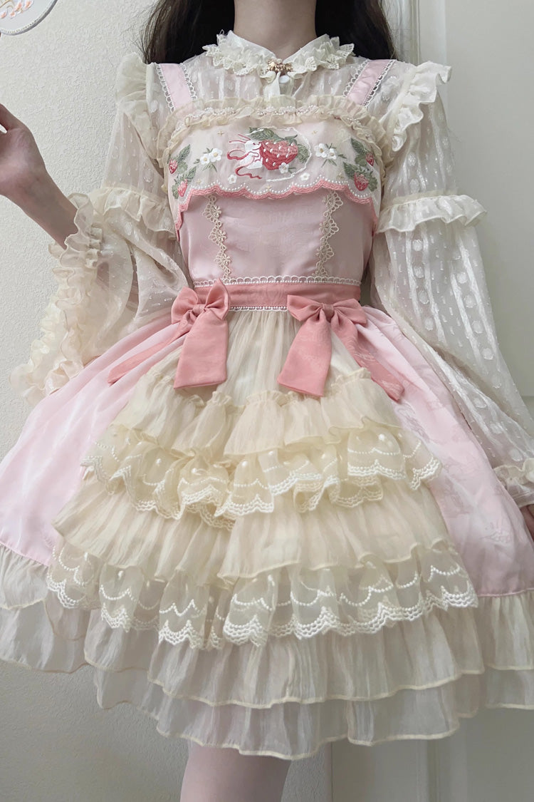 Süßes Lolita JSK Kleid mit Rüschenstickerei und Schleife im Mondkaninchen-Stil