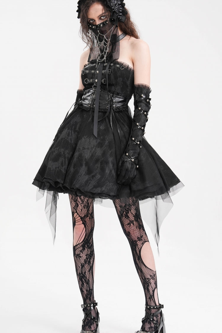 Schwarzes Neckholder-rückenfreies A-Linien-Gothic-Punk-Kurzkleid für Damen