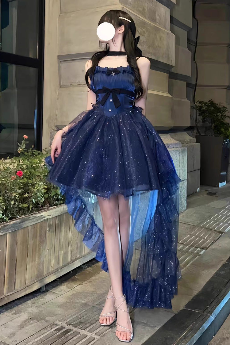 Blaues, glänzendes, unregelmäßiges Lolita-JSK-Kleid mit Schleife