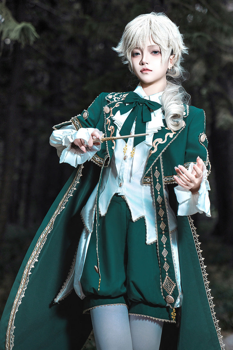 Green [Theocratic Messenger] Embroidery Classic Military Gorgeous Handsome Ouji Lolita Coat Blouse Shorts Set