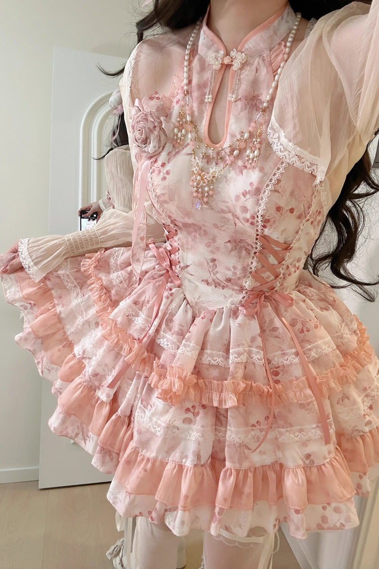 Peach Moon Bamboo Halterneck Multi-layer Print Ruffle Sweet Chinese Style Lolita Dress 2 Colors