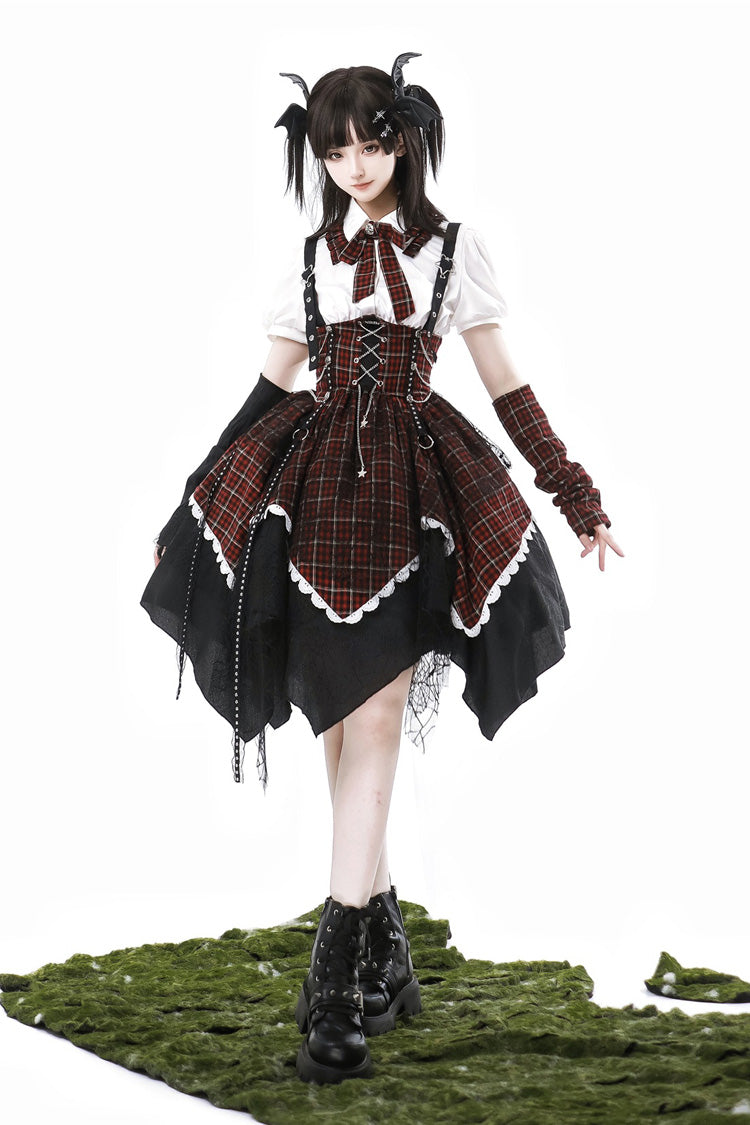 Schwarz/Rot [Soul Mantra] Süßes Lolita-Trägerkleid mit Karomuster und unregelmäßigem Saum