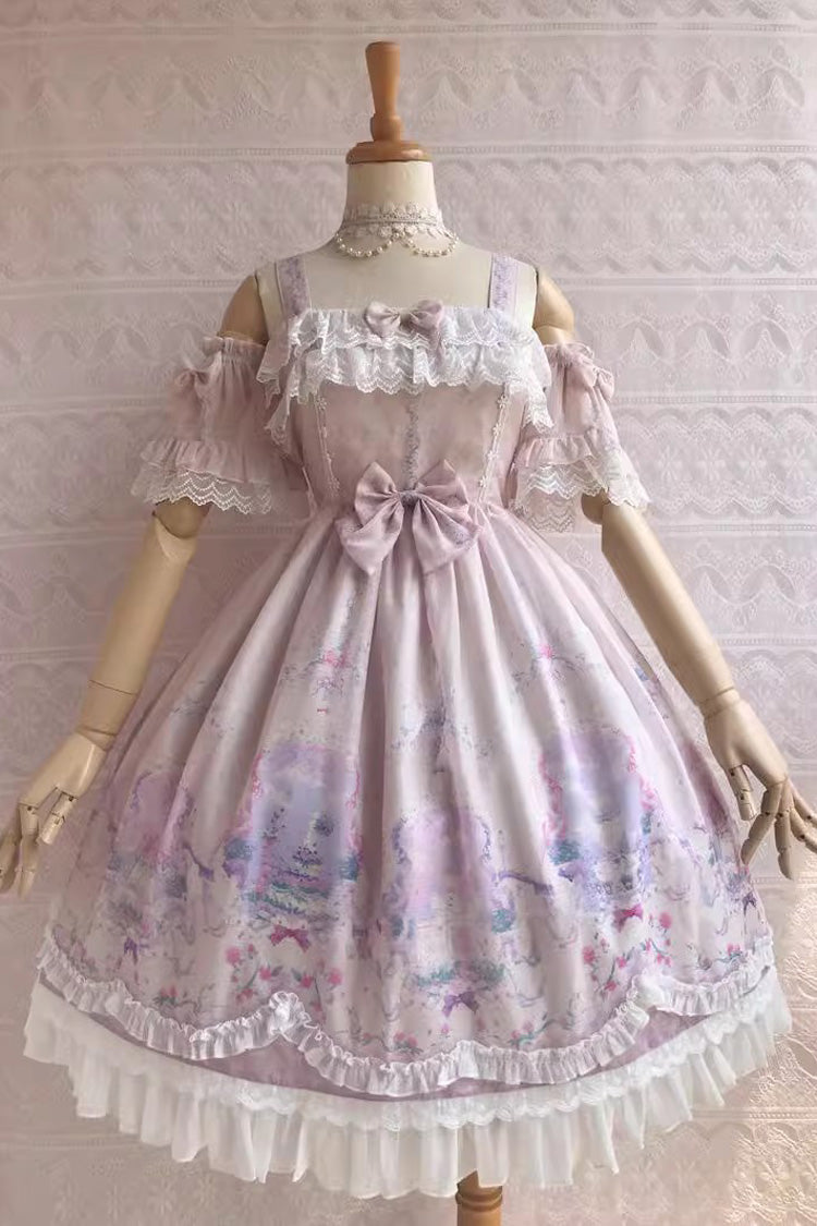 Süßes Lolita-JSK-Kleid mit Rüschen und Schleife im Unicorn's Secret Garden-Print, 7 Farben