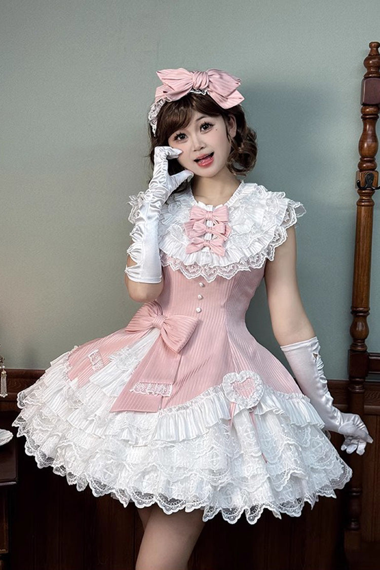 Pink [Miss Tsundere] Sleeveless Multi-Layered Ruffle Bowknot Lace Asymmetric Sweet Princess Lolita Dress