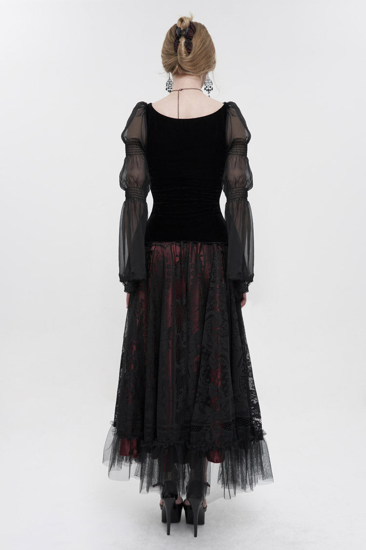 Schwarzes Chiffon-T-Shirt mit langen Ärmeln aus Samt und Applikationen auf der Brust mit blutroten Rauten für Damen im Gothic-Stil