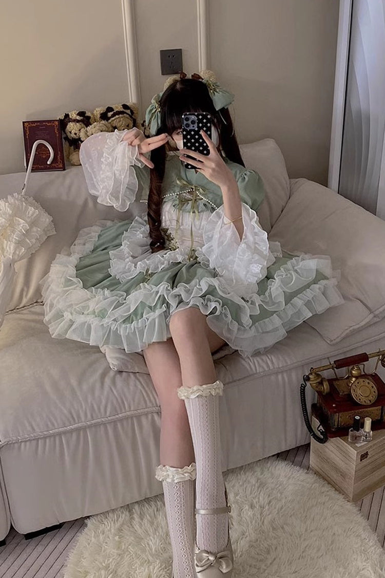 Grünes, mehrlagiges Hanayome-Spitzenkleid mit Rüschen und Schnürung in Übergröße, süßes Lolita-JSK-Kleid (kurze Version)