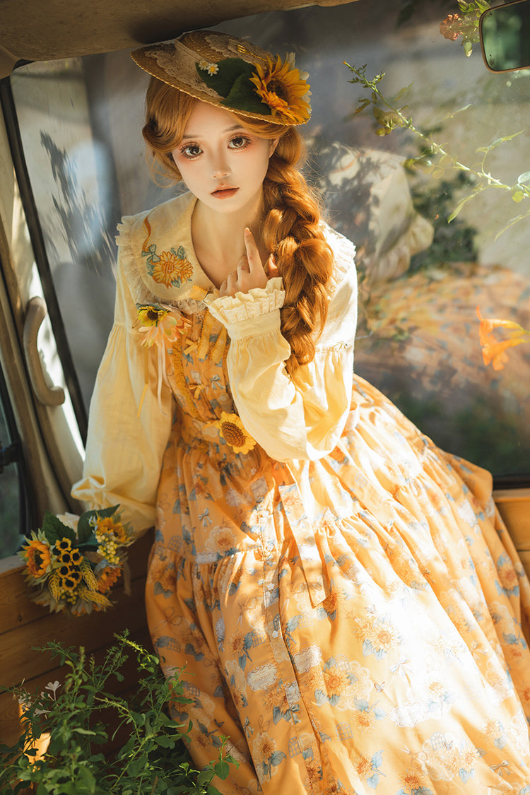 Yellow [Gardening Sunflower] Sleeveless Print Ruffle Bowknot Sweet Elegant Lolita Jsk Dress