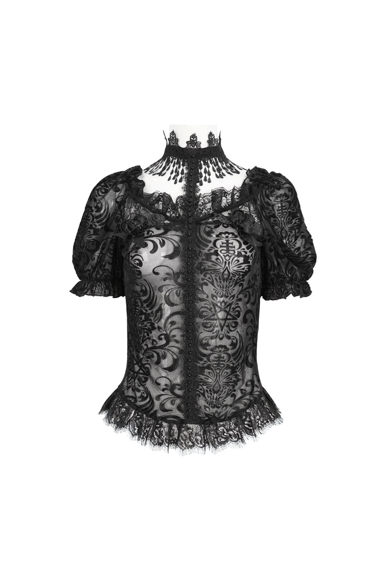 Schwarze kurzärmlige, bedruckte, durchsichtige Gothic-Bluse mit Rüschenspitze für Damen