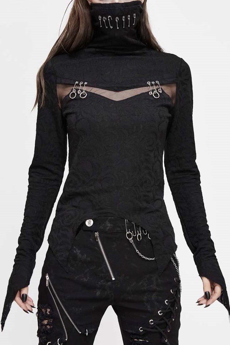 Black Turtleneck Chest Splice Fine Mesh Pin Decoration Sharp Angle Hem Women's Punk Shirt