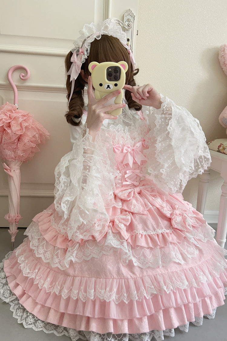 Pink Multi-Layered Ruffle Bowknot Stitching Lace Sweet Lolita Jsk Dress