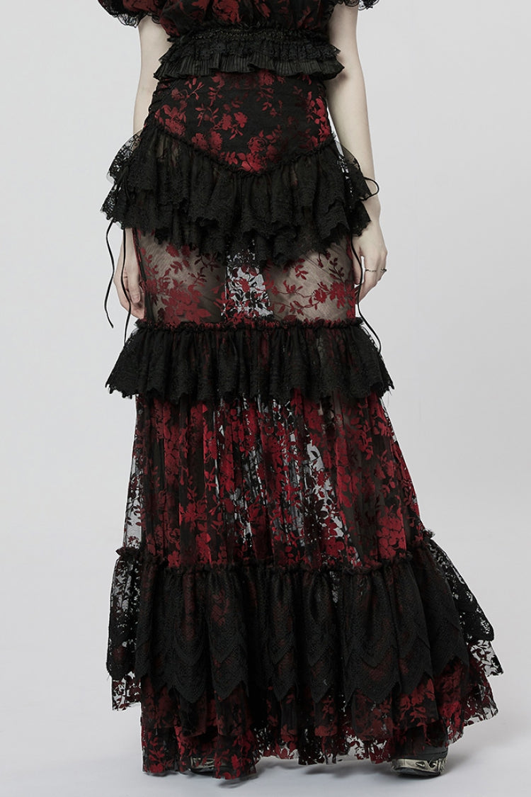 Black/Red Layered Ruffle Hollow Lace Women's Gothic Skirt