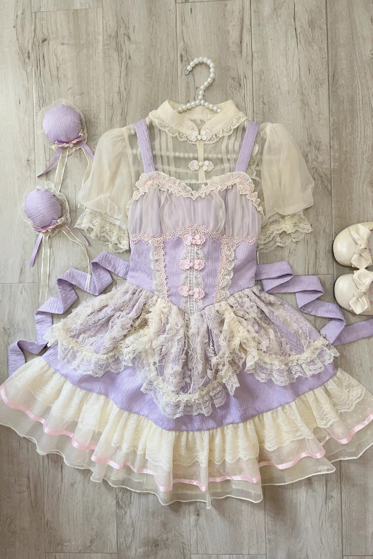 Flower Bud Halterneck Print Ruffle Lace Sweet Chinese Ballet Style Lolita Jsk Dress 3 Colors