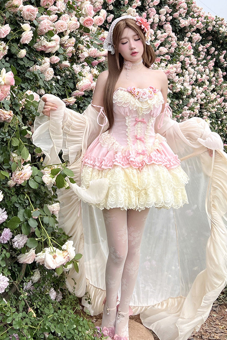 Pink [Pure Dream Flower Love] Multi-Layered Ruffle Embroidery Bowknot Lace Sweet Lolita Jsk Dress