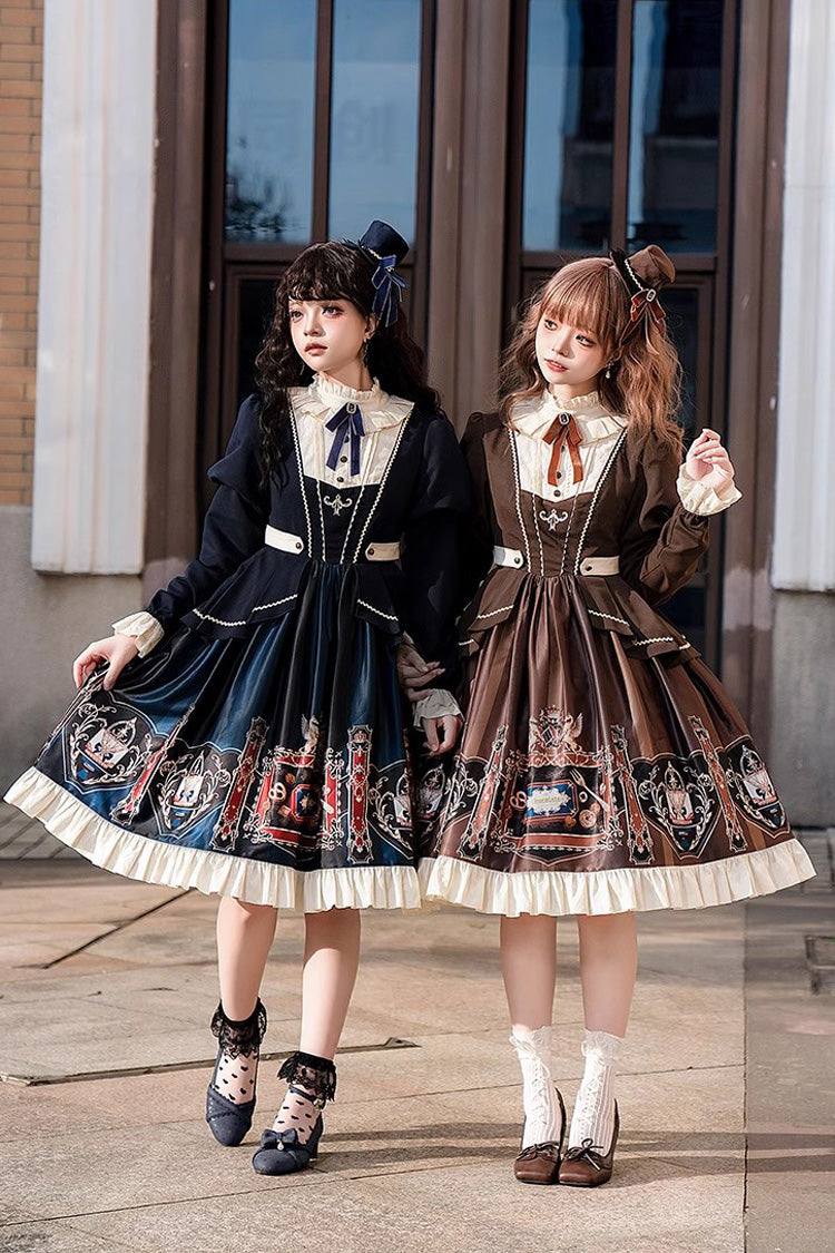 Chocolate Academy Long Sleeves Print Ruffle Vintage College Style Elegant Lolita Dress 2 Colors (Includes petticoat)