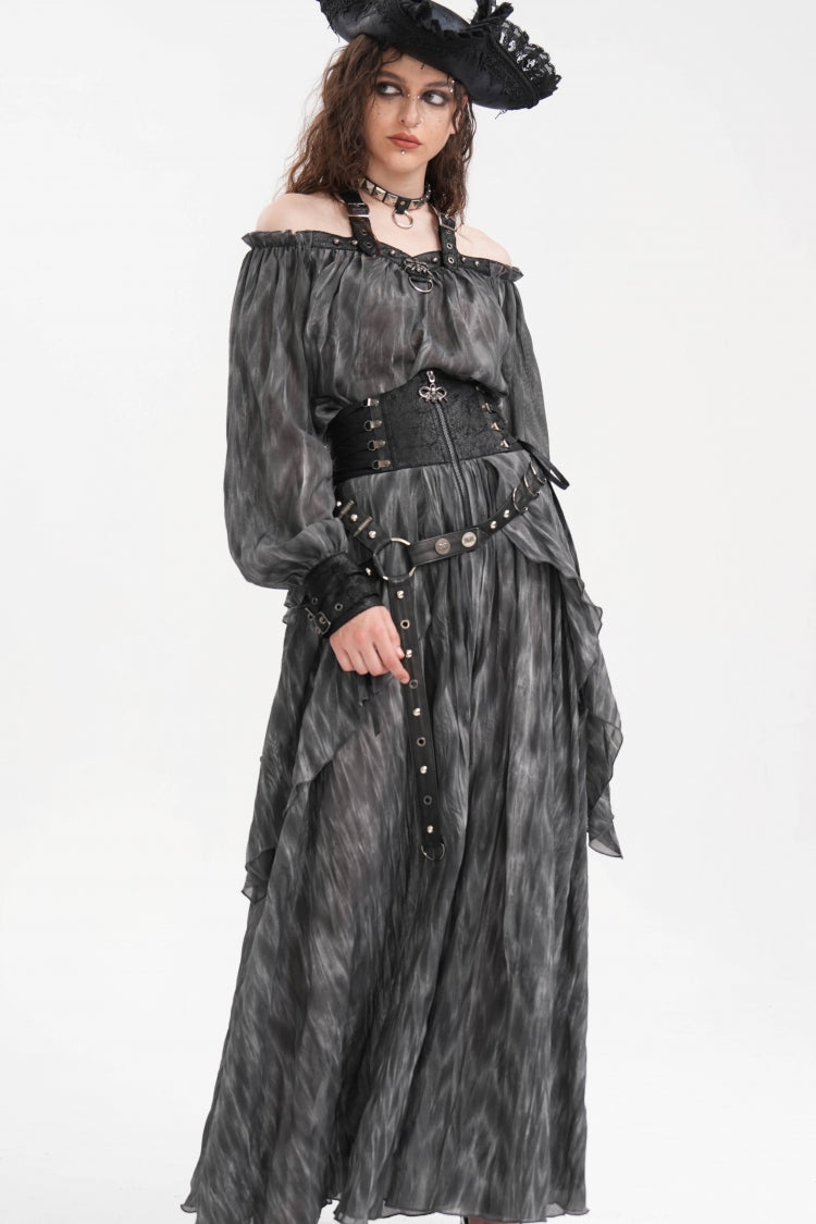 Schwarzer, langer Rock mit Rüschen und Schnürung im Gothic-Stil für Damen mit Ösen und Nieten