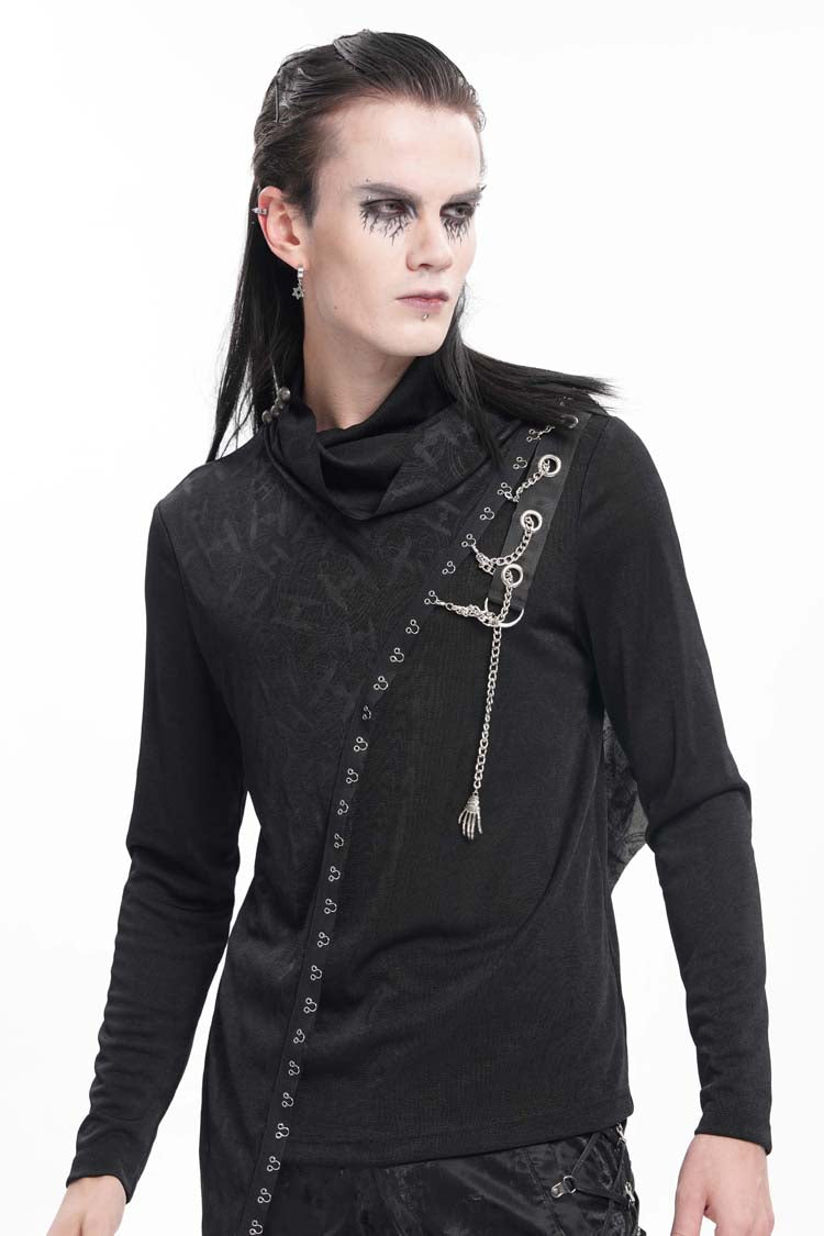 Schwarzes, langärmliges, asymmetrisches Gothic-Sweatshirt für Herren mit Kettenmuster und Drucknähten