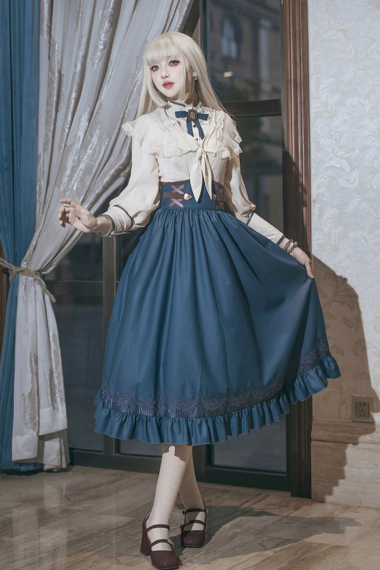 Blue Ruffle Embroidery Lace-Up Sweet College Style Elegant Lolita Skirt