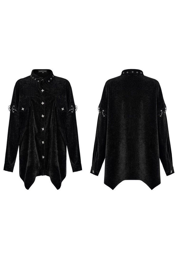 Black Punk Loose Velvet Two Way Split Detachable Long Sleeve Irregular Hem Long Pocket Women's Shirt