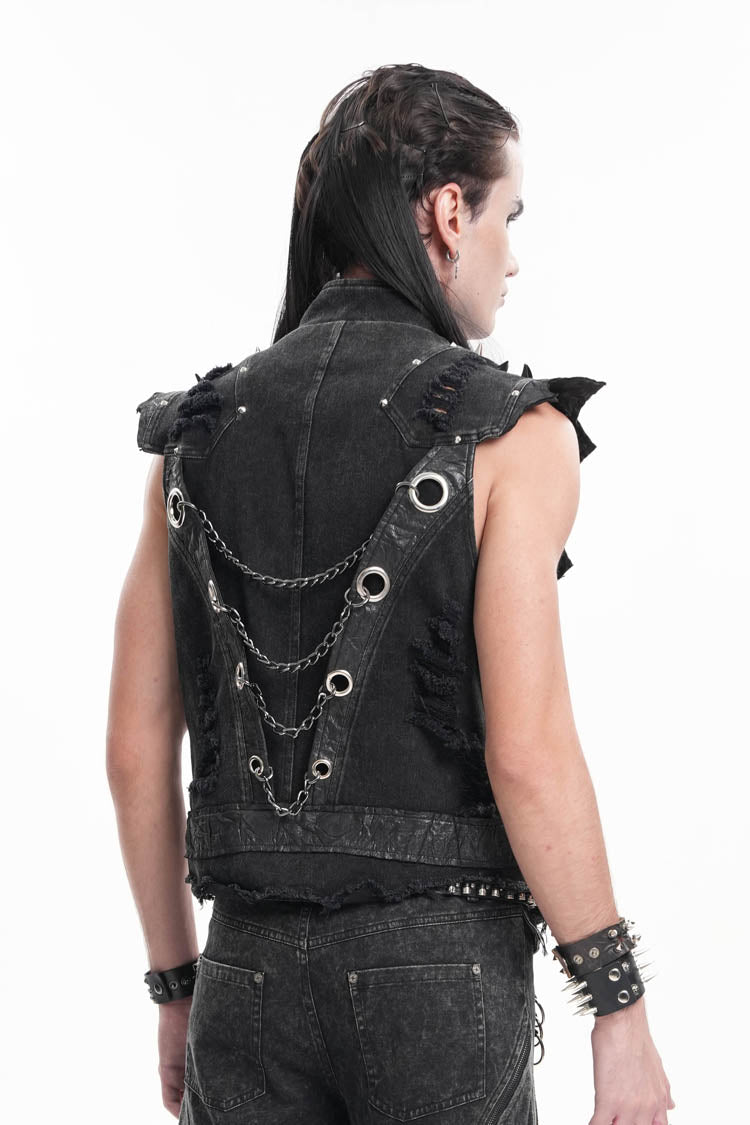 Black Stand Collar Sleeveless Rivets Chain Rings Men's Gothic Vest