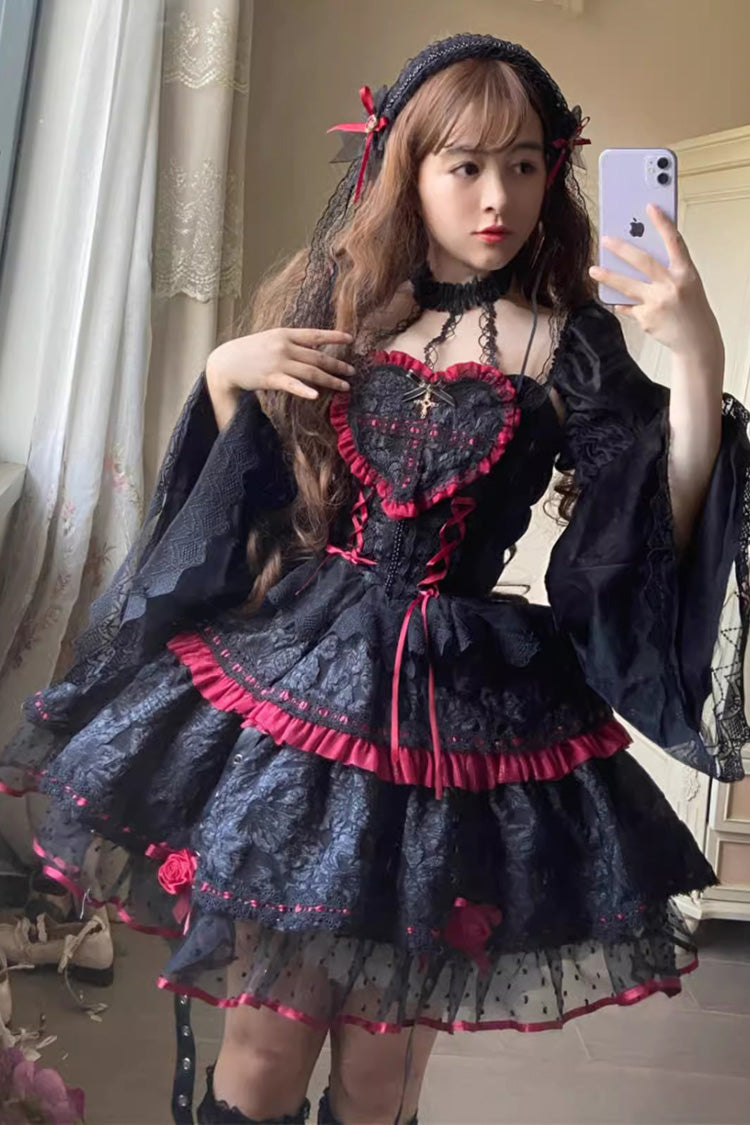 Schwarz/Rotes Gothic-Punk-Lolita-Kleid mit Hexen-Vampirrose und langen Ärmeln und Rüschen