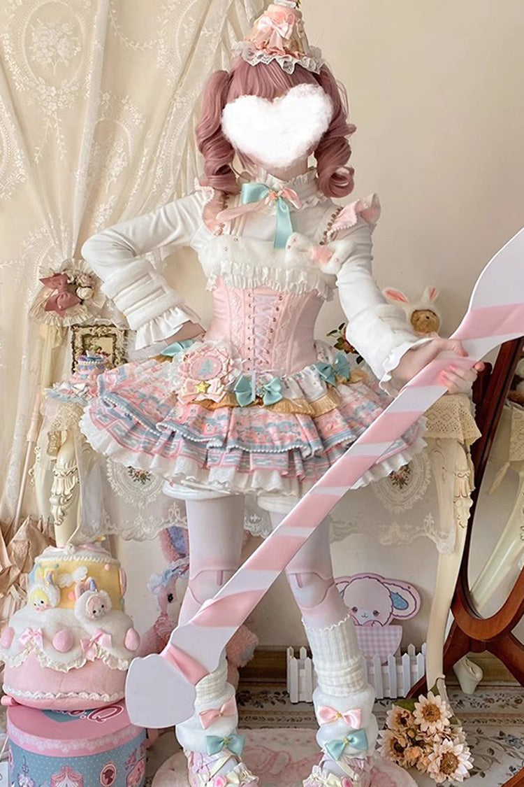 Pink [Candy House] Multi-Layered Print Ruffle Bowknot Lace-Up Sweet Ballet Lolita Jsk Dress